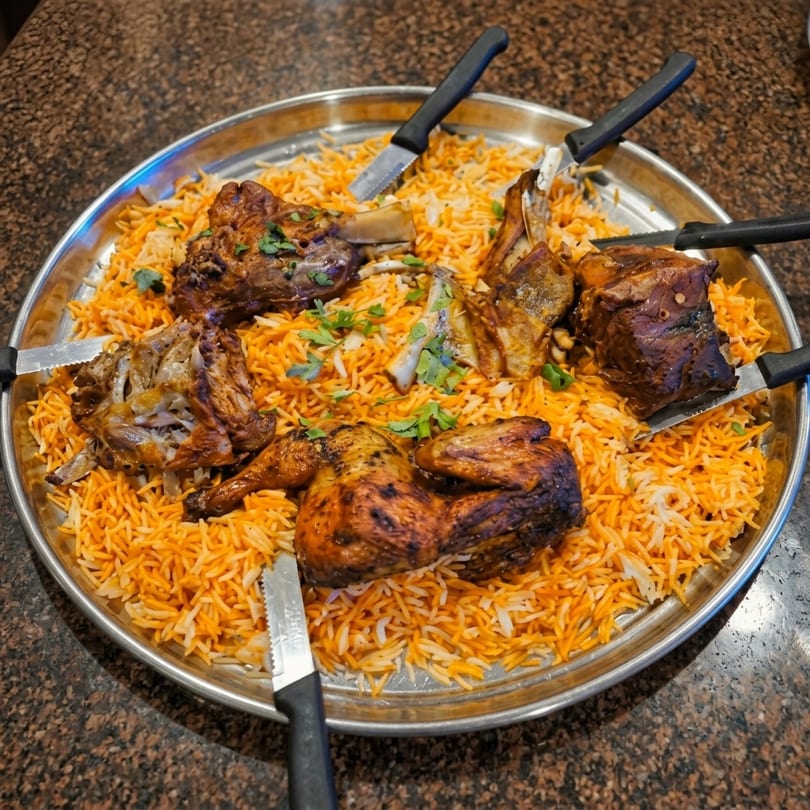 Large platter of mandi rice with roasted chicken, lamb shanks, and beef, garnished with parsley.